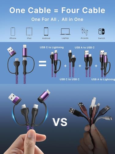 Image of 4 in 1 Charging Cable 2Pack 6.6ft 60W Fast Charging USB C Cable 20W iPhone Charger Cord Lightning Cable Multi Charging Cable with Lightning /Type C /USB A Port for iPhone 16 15 14 /Samsung /iPad /MacBook