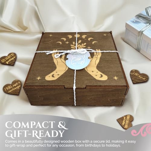 Image of Positive Affirmations Box | Moon Phase Themed Engraved Wood Box with 72 Positive Affirmation Heart Cutouts | Daily Motivational Gift for Women