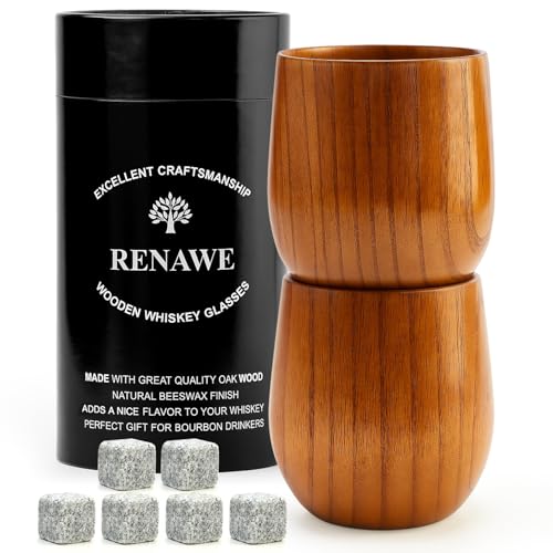 Set of 2 Whiskey Glasses for Men Unique Bourbon Gifts Cool Wooden Cups Drinking Dad Year Old Man Male Wood Whiskey Tumbler Accessories for Him Husband Birthday Gift Buffalo Trace Bourbon Glass