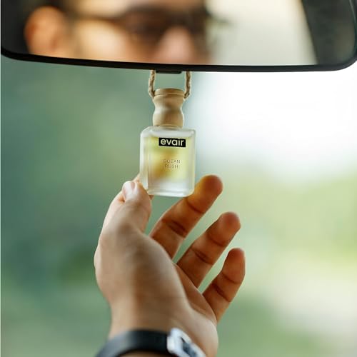 Image of Evair Hanging Car Air Freshener | Car Accessories Interior | Car Perfume Aroma with Essential Oils Fragrance in Glass Bottle with Wooden Diffuser Lid | 10 ml- Pack of 2 (Sandalwood & Ocean Rush)