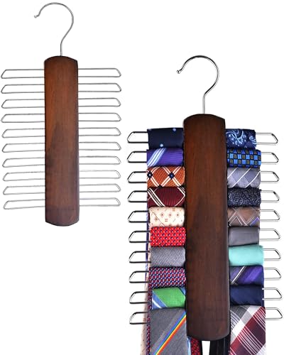 Umo Lorenzo 2 Pack Premium Wooden Necktie and Belt Hanger, Walnut Wood Center Organizer and Storage...