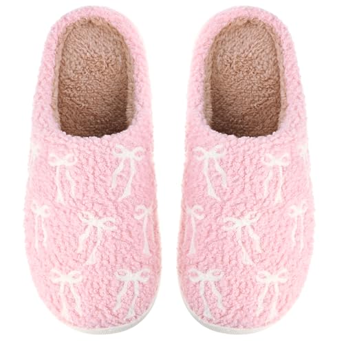 Pink Bow Slippers for Women Cute Coquette Bow Slippers Plush Fluffy Warm Fur Lined House Winter Home Shoes Women Indoor Outdoor