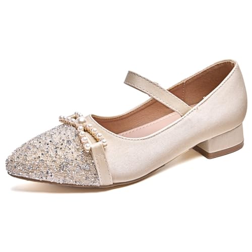 Girls Low Heel Glitter Sequin Princess Dress Shoes Pearl Mary Jane Pumps Wedding Party
