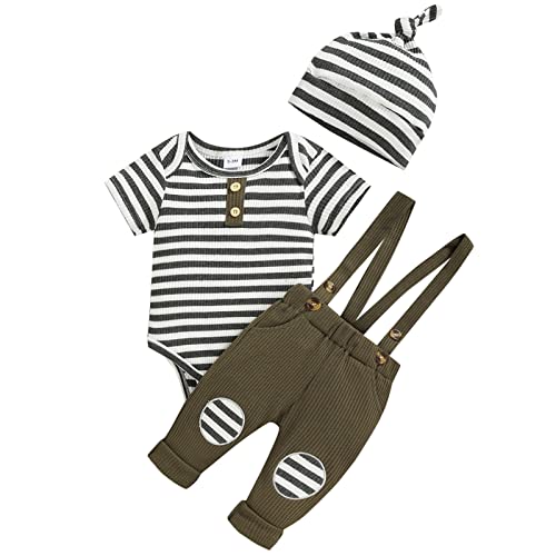 Image of Chyrbaby Newborn Baby Unisex Clothes Kintted Romper Stripe Bodysuit Suspenders Ribbed Pants Hat Outfit Set