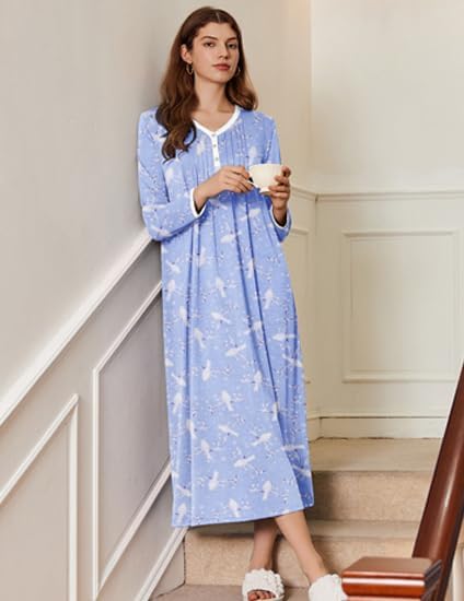 Ekouaer Women's Long Sleeve Nightgown Full Length Sleepwear Long Sleepshirts Henley Sleep Dress S-4XL - Image 3