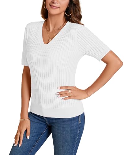 Image of Women Summer Knit Shirt Blouse V Neck Short Sleeve Pullover Sweater Tops