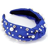 AHONEY Pearl Knotted Royal Blue Headband for Women Girls, Rhinestone Top Knot Crystal Jeweled Fashion Headpiece Wide Hair Accessories