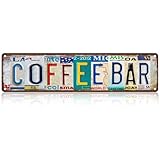 Vintage License Plate COFFEE BAR Sign – 16x4 Inch Rustic Tin Wall Décor for Kitchen, Coffee Station, Café, Office Break Room or Home Bar