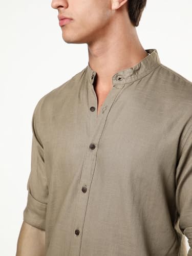 Image of Urbano Fashion Men's Linen Blend Full Sleeve Relaxed Fit Mandarin Collar Casual Solid Shirt