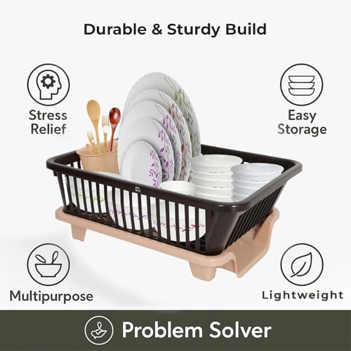 Image of Plastic Kitchen Dish Drainer Rack with Drying Tray & Cutlery Holder | 23 x 46 x 56 cm Utensil Stand & Bartan Stand | Mesh Design Dish Drying Basket Organizer for Kitchen Counter - Cream