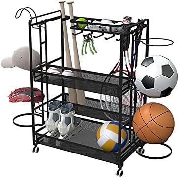 Metal Sports Ball Storage Cart - Freestanding Rolling Rack for Basketball, Football & Volleyball - Easy to Move, Stylish Black Design for Organized Sports Equipment & Hat Storage