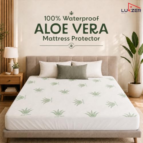 Image of Lukzer 100% Waterproof Natural Aloe Vera Mattress Protector Queen Size 75 inch x 60 inch inch | 360 Elasticated fit, Breathable, Hypoallergenic, Noiseless, Ultra-Soft Fitted Deep Pocket Bed Protector Cover