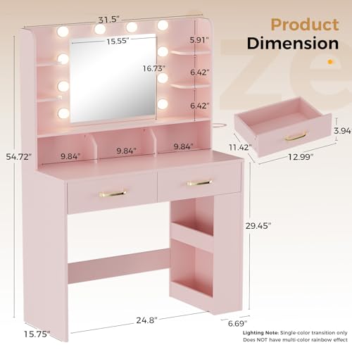 Image of LUCKRACER Vanity Desk with LED Lights Mirror & Charging Station, Makeup Vanity with Storage Drawers and Shelves, Modern Dressing Table for Women Girls Bedroom, Pink