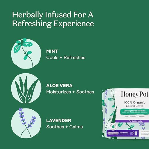 Image of The Honey Pot Company - Cooling - Overnight - Incontinence Pads for Women | Cooling Effect - Infused w /Mint, Aloe, Lavender - Organic Cotton Cover - Bladder Leak Control - Feminine Care - 64 ct