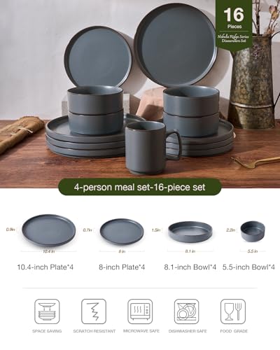 Image of Famiware Nebula Ridge Stoneware Dinnerware Sets with Pasta Bowls, Plates and Bowls Sets, Service for 4 (16 Pieces), Microwave and Dishwasher Safe Kitchen Plates, Charcoal