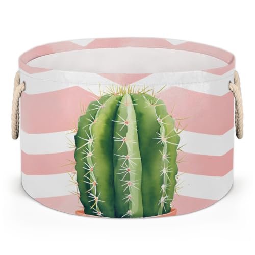 Large Collapsible Blanket Storage Basket for Gifts Empty, Cactus Chevron Round Fabric Laundry Hamper Basket, Baby Dog Toy Bins with Handle, Closet Organizer for Living Room(A-817)