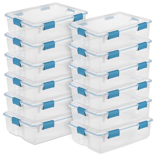 Image of Sterilite Gasket Storage Box with Lids for Home & Office, 37 Quart, 12-Pack | Heavy-Duty, Stackable, and Organizing Containers for Bathroom, Cabinet, Closet, and Garage, Clear and Blue Aquarium Latches