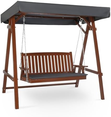 VINGLI Porch Swing with Stand and Canopy, Wooden Outdoor Swing, Brown