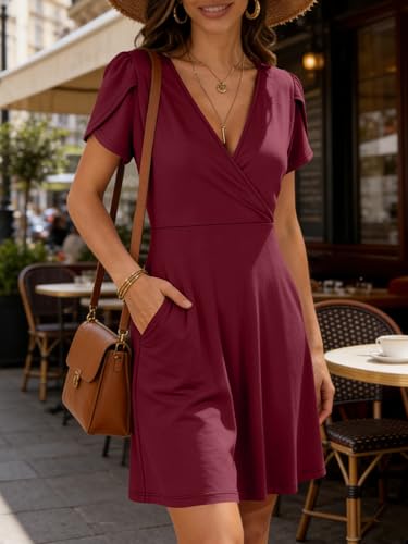 Image of ANRABESS Womens Summer Dresses Short Sleeve Wrap Deep V Neck A-Line Floral Dress Causal Flowy Boho Beach Vacation Sundress Burgundy XL