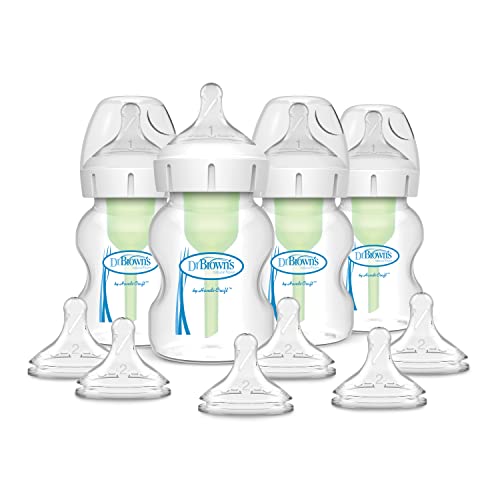 Image of Dr. Brown’s Natural Flow® Anti-Colic Options+™ Wide-Neck Baby Bottle, 5 oz/150 mL, Level 1 Nipple, 4-Pack, 0m+ with 6-pack Level 2 Nipples