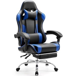Sweetcrispy Video Game Desk Chair – Ergonomic Computer with Footrest and Comfy Lumbar Support, PU Leather Recliner with Headrest, Fixed Up Armrest, Height Adjustable with 360° Swivel, for Adults, Blue