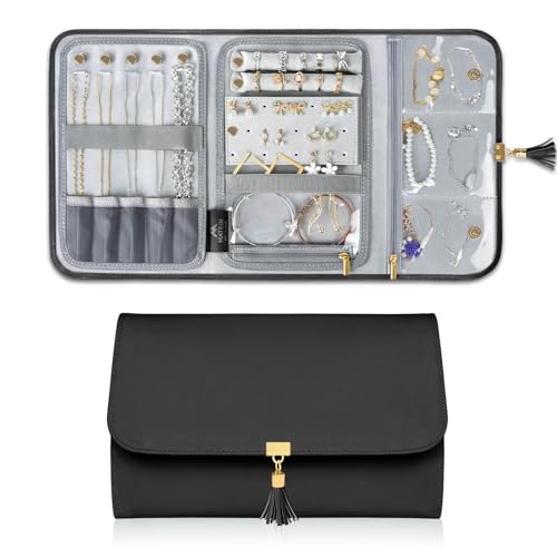 MATEIN Black Travel Jewelry Organizer, Vegan Leather Big Jewelry Rolls for Travel with Clear Pockets, Tangle-Free Necklace Holder for Daily Jewels Earrings Rings Bracelets, Valentine Gifts for Women by MATEIN - Used condition - US$10.59