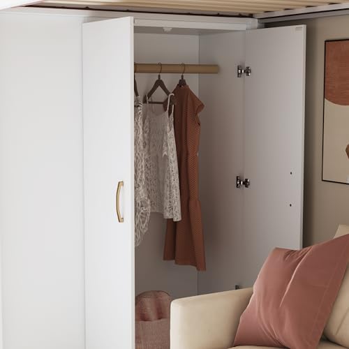 Hochbett 90x200 cm mit Schubladen & Regalen | Weiß | Massivholzbett für kleine Räume | Organisationslösung | Ohne Matratze – Bild 8