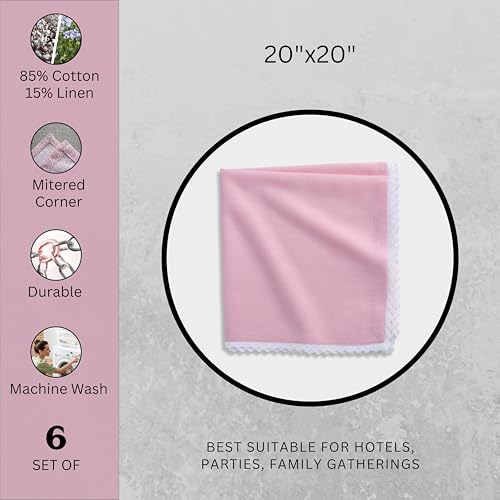 Image of FINGERCRAFT Lace Trim Cloth Napkins Set of 6, 20x20 Inch Cotton Linen Blend Dinner Napkins, Reusable Washable Table Napkins for Wedding, Farmhouse Dining, Parties & Home Decor (Pastel Pink)