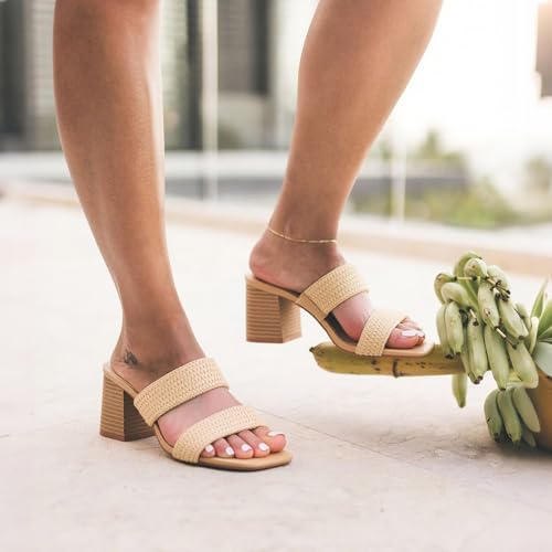 Image of Ancomafio Heeled Sandals for Women Raffia Sandals 2025 Chunky Block Heels Square Open Toe Heels Double Strap Summer Dressy Shoes Slip On