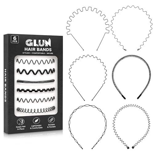 Image of GLUN Black Metal Zigzag Hair Bands Set of 6 for Men, Women, Boys & Girls, Non-Slip Wavy Hairband Headbands for Sports, Yoga, Face Wash & Daily Styling Hair Accessories