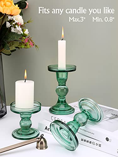 Lewondr Glass Candle Holders, 3 Pieces Crystal Clear Candlesticks With Elegant Design For Pillar Taper Candle And Tea Light, Home Table Living Room Wedding Party Decorations Home Décor - Green #TOP4
