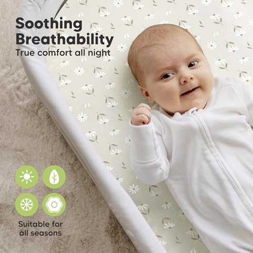 Image of 2pk Organic Baby Bassinet Sheets Boys, Girls, Fitted Sheet (Daisies) | 100% Cotton Bassinet Mattress Sheets, Compatible with Halo Bassinest Swivel Sleeper, Graco, Baby Delight, Universal Fitted
