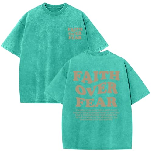 Image of Christian Shirts for Men Faith Over Fear Oversized Shirt Acid Wash Tshirt Graphic Religious T Shirt Bible Verse Tees