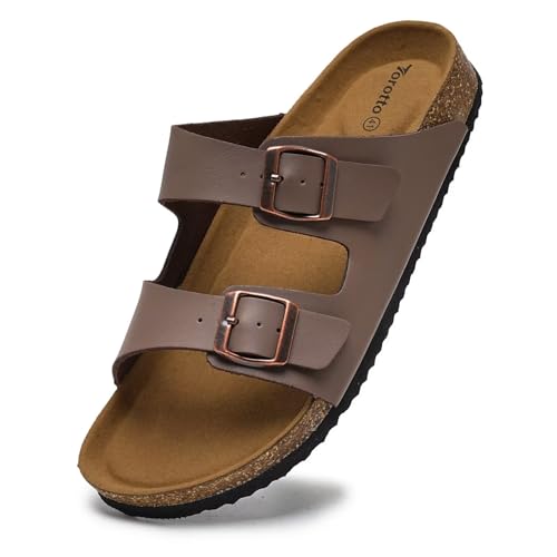 Torotto Genuine Leather Mens Slides with Cork Footbed Open Toe Adjustable Webbing Flat Sandals for Walking | Beach | Indoor(Leather/Brown-45)