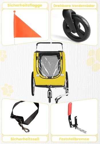 Hunde Fahrradanhänger XL, 2 in 1 Hundeanhänger & Jogger mit Reflektor und Bremse, 600D Oxford Canvas, maximale Belastung 40kg-Gelb