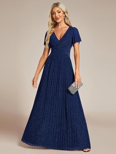 Image of Ever-Pretty Women's V-Neck Glitter Formal Dresses Pleated Short Sleeves Floor Length A-Line Mother of Bride Dress 11961