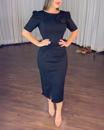 Women's Bodycon Midi Dress Ruched Puff Sleeve Cocktail Pencil Dress Casual Slit Party Work Dresses4