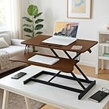 Royjhnl 32 Inch Height Adjustable Stand Up Desk Riser, Heavy Duty Computer Workstation with Removable Keyboard Tray - Ergonomic Design for Home Office Workshop Gaming, Spacious Platform(Walnut)