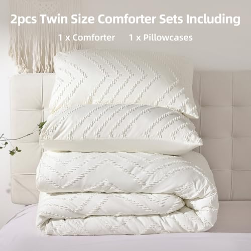 Image of YIRDDEO Ivory White Twin Size Comforter Set 2Pcs, Boho Farmhouse Twin Size Bedding Set, Vertical Tufted Twin Bed Set, Lightweight Neutral Bedroom Set (1 Comforter 1 Pillowcase)