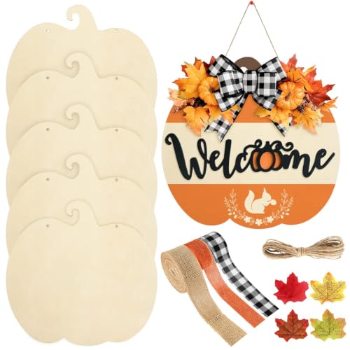 Whaline 5 Pcs Fall Pumpkin Unfinished Wood Cutout with 80 Pcs Fake Maple Leaves Ribbons 12 x 0.1 Inch Autumn Pumpkin Wooden Slices with Hemp Rope for Thanksgiving Halloween DIY Crafts Home Decor