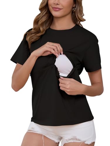 Image of Ecavus Women's Zip Nursing Tops Short Sleeve Breastfeeding Shirts Comfortable Loose-Fit Mama Clothes
