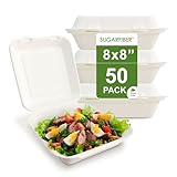 [50 COUNT]Harvest Pack 8 X 8 inch White Compostable Food Hinged Container, Disposable Square Single Compartment Clamshell Takeout to go Box, Eco-Friendly Bagasse Sugarcane, No PFAS Added, New Version