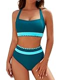 Blooming Jelly Womens High Waisted Bikini Sets Tummy Control Modest Two Piece Swimsuit 2026 Slimming Retro Sporty Color Block Bathing Suit (XL, Dark Green)