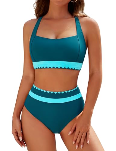 Blooming Jelly Womens High Waisted Bikini Sets Tummy Control Modest Two Piece Swimsuit 2026 Slimming Retro Sporty Color Block Bathing Suit (XL, Dark Green)