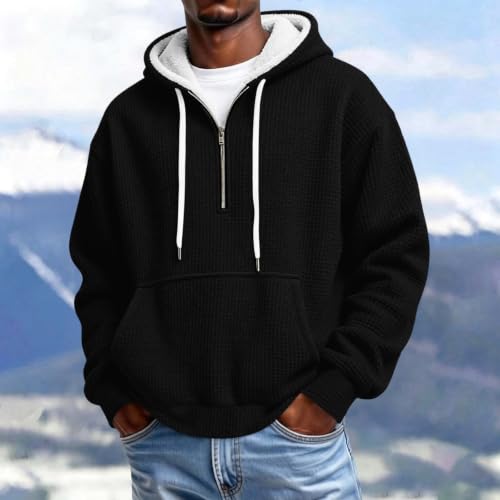 Mens Quarter Zip Hoodie Sherpa Lined Waffle Knit Pullover with Pocket - image 3