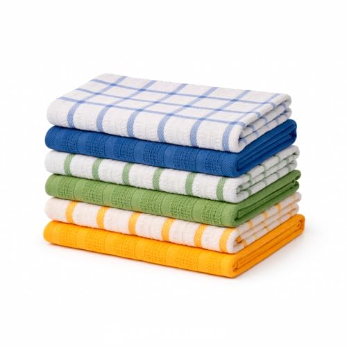 Sedalinne Juego 6 Paños de Cocina Premium Cuadros/Lisos - Tamaño 50x50 cm - 100% Algodón - Muy Absorbentes - Trapos Cocina. Colores Azul, Verde y Amarillo