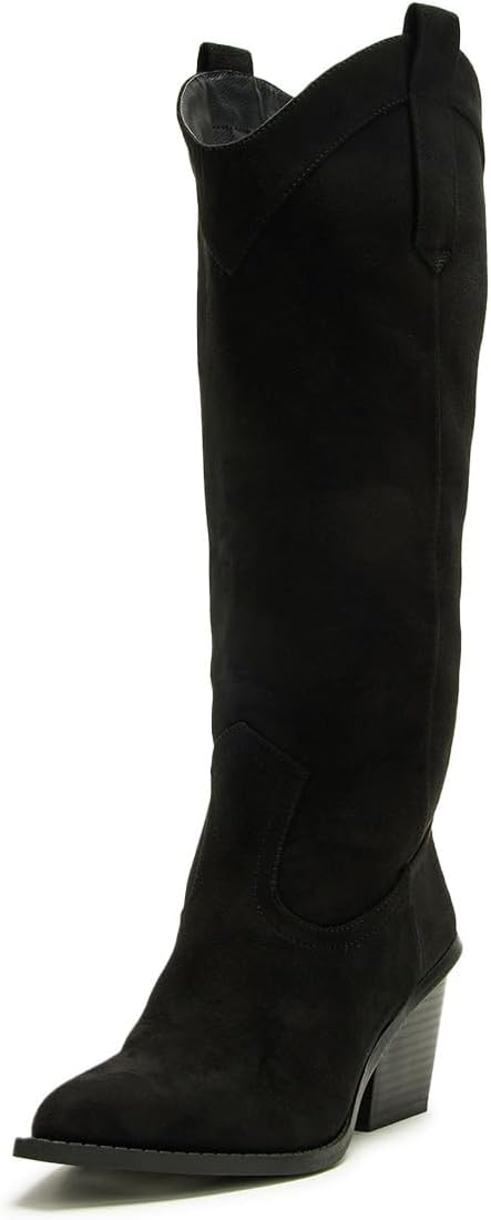 Zszszsu Women's Sexy Pointed Toe Mide Calf Boots Stacked Mid Chunky Block Heels Pull On Wide Long Boot Winter Warm Shoes Size 4-16 US