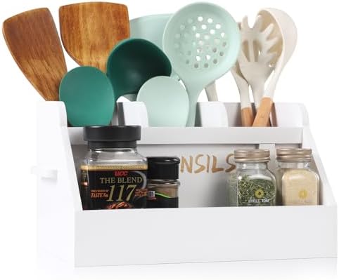 Dstuff Acacia Wood Kitchen Utensil Holder - 4 Compartment Countertop Organizer, 11.8x6.7x4.7 Inches