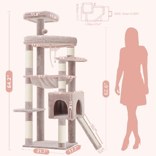 Image of Heybly 64.2 inch Heavy-Duty Cat Tree for Large Cats with Wide Base HCT027MU | Indoor Cat Tower with Scratching Posts & Board, Cat Furniture with Big Platforms, Extra-Large Hammock, Rosy Brown