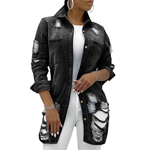 Veste en jean noir déchiré femme XL au style rock et décontracté